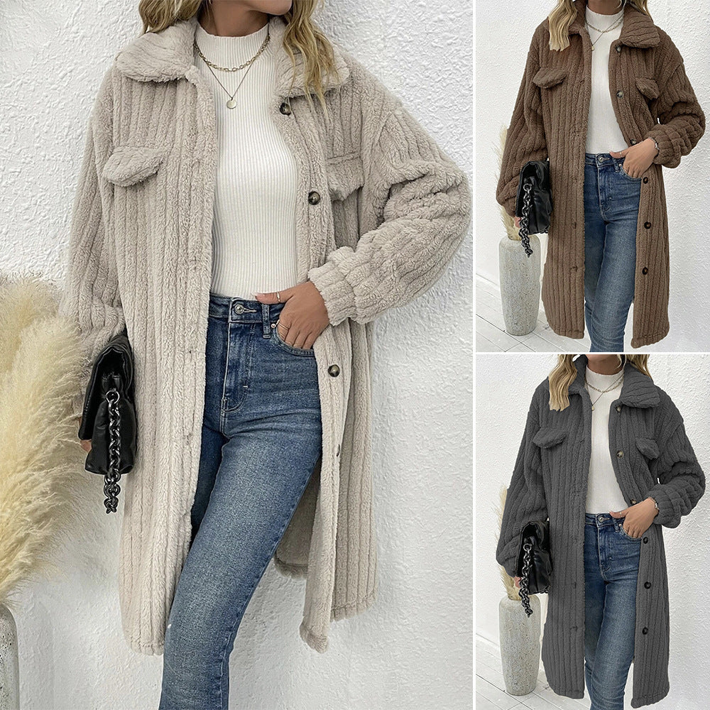 Women's Plush Lapel Long-sleeved Woolen Coat Top