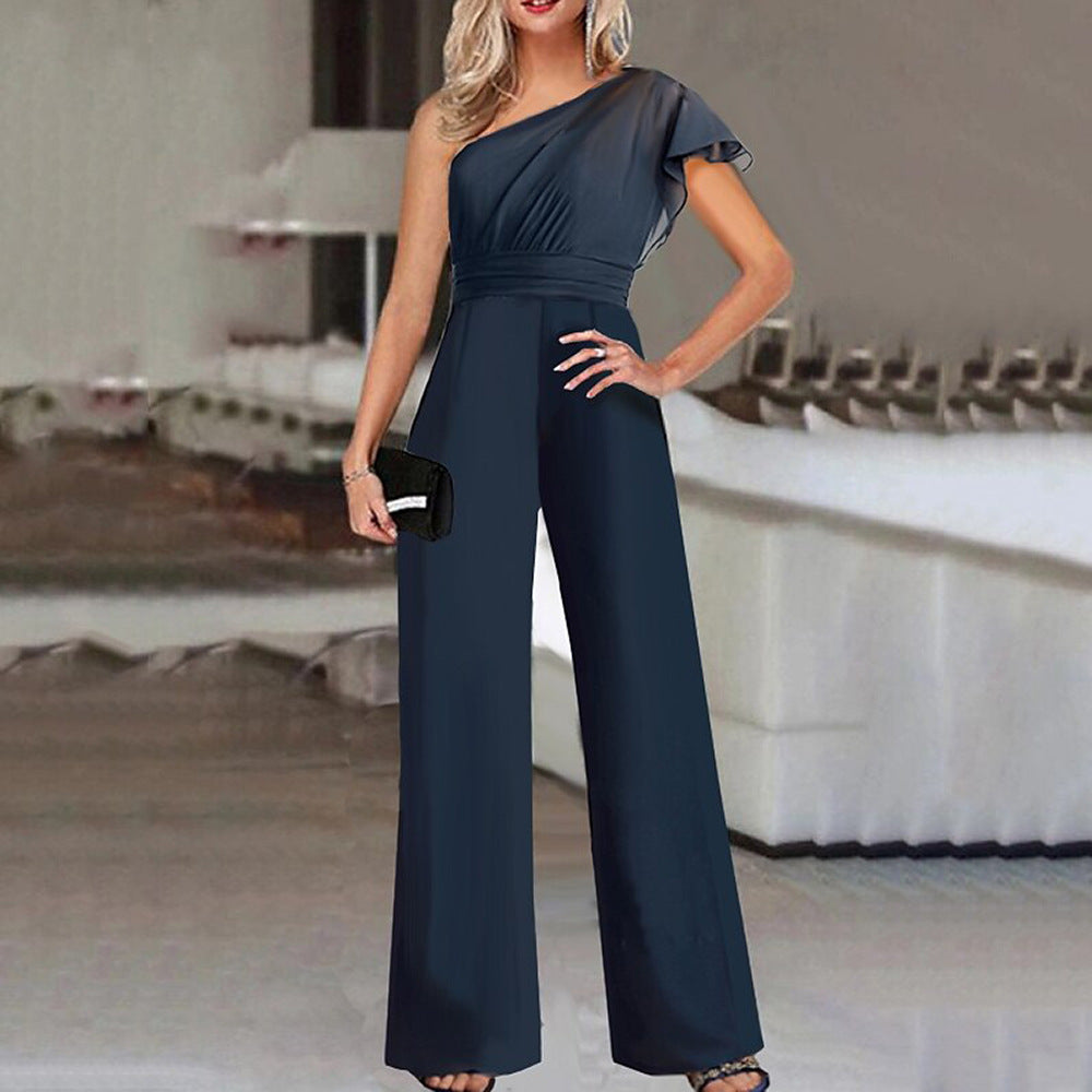 Color Diagonal Collar Strapless High Waist Jumpsuit