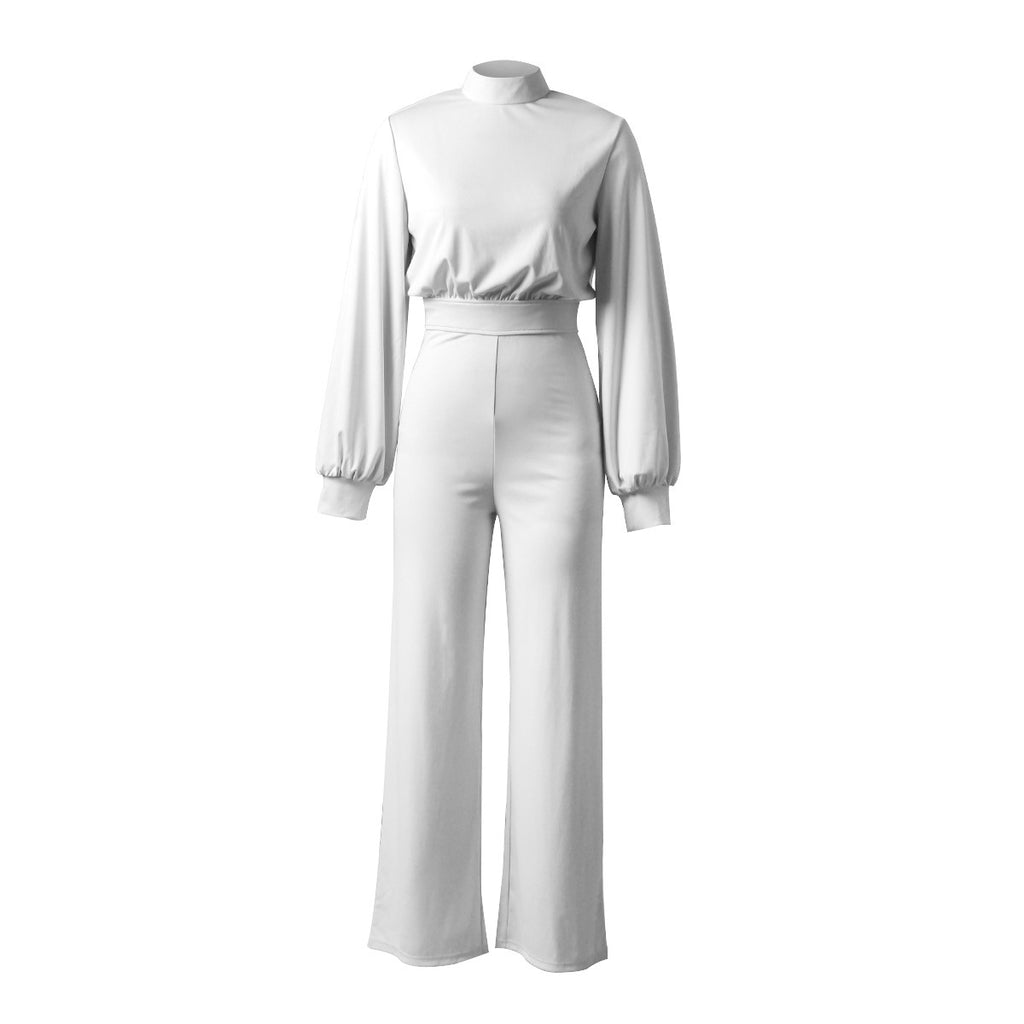 Women's Solid Color Turtleneck Backless Long Sleeves Casual One-piece Trousers