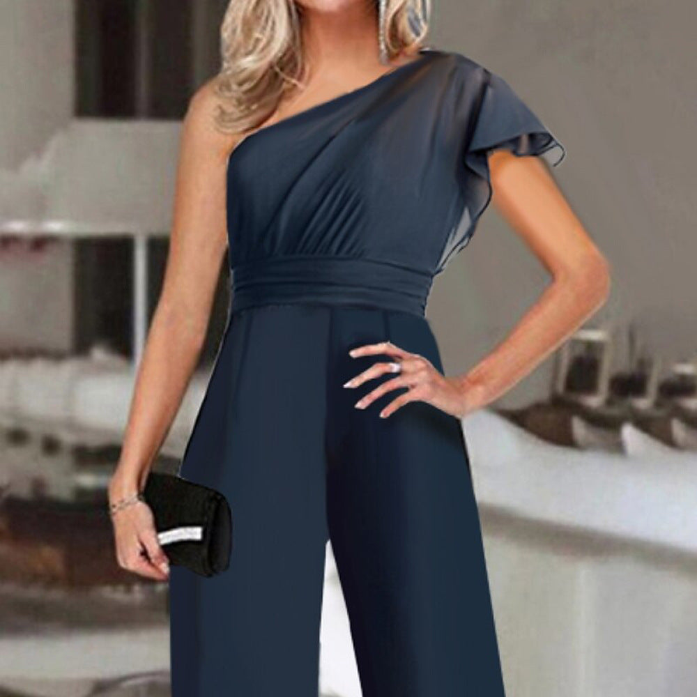 Color Diagonal Collar Strapless High Waist Jumpsuit