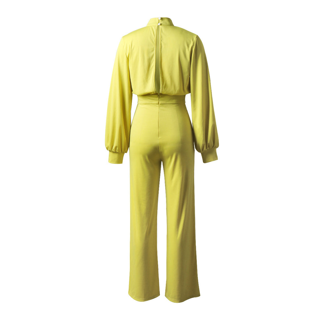 Women's Solid Color Turtleneck Backless Long Sleeves Casual One-piece Trousers