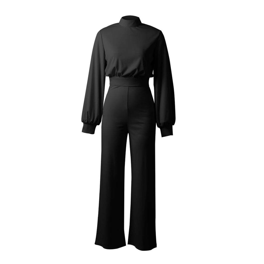 Women's Solid Color Turtleneck Backless Long Sleeves Casual One-piece Trousers