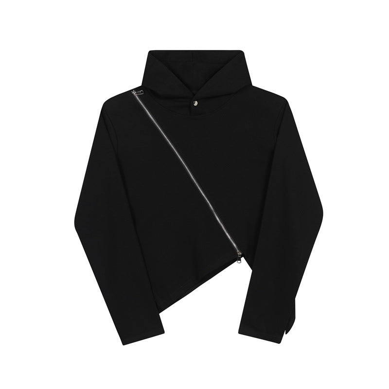 Irregular Cut Oblique Placket Zipper Hooded Sweater