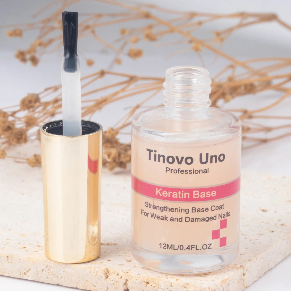 Tinovo Uno Keratin Base Coat Nail Strengthener for Weak Damaged Nails 12ML Air Dry Organic Ridge Filler Nail Polish Treatment