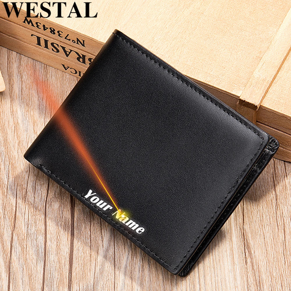 WESTAL men's genuine leather wallet purse for men engrave desinger card holder men's money bag short coin purse RFID wallet 7328