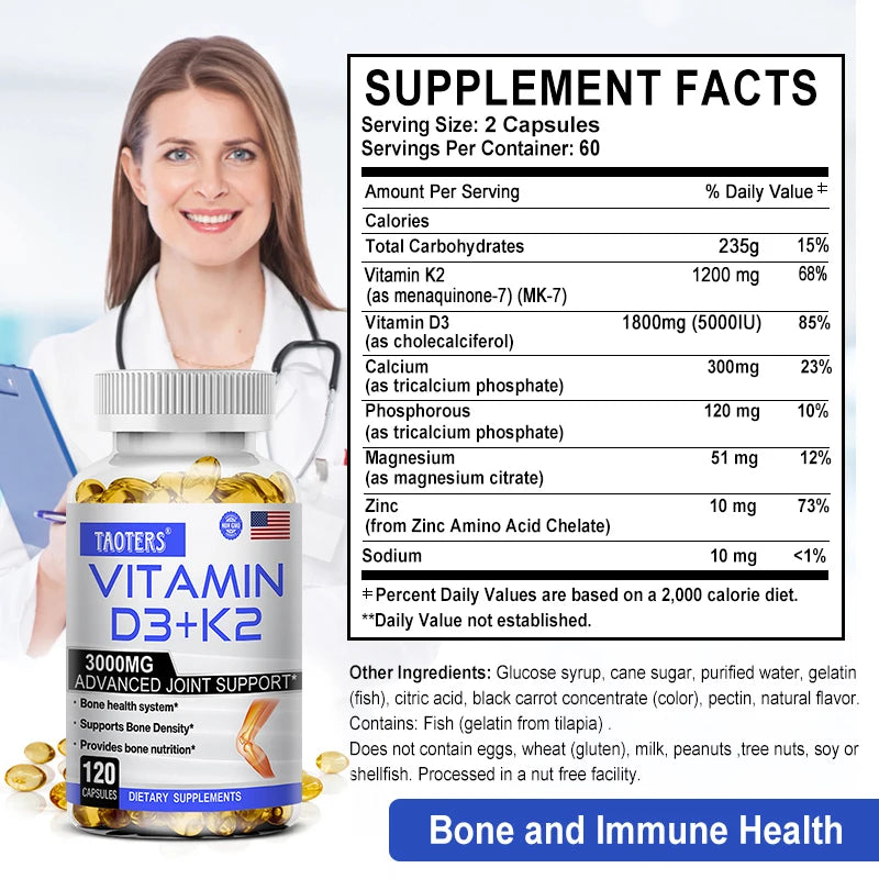 TAOTERS Vitamin D3+K2 Supplement to Support Joint, Bone and Immune Health Non-GMO formula easy-to-swallow vitamin D & K complex