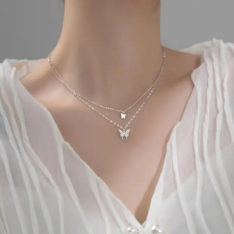 Popular 925 Sterling Silver Double Layer Butterfly Necklace Zirconia Insect Pendant Birthday Gift For Women's Fine Jewelry