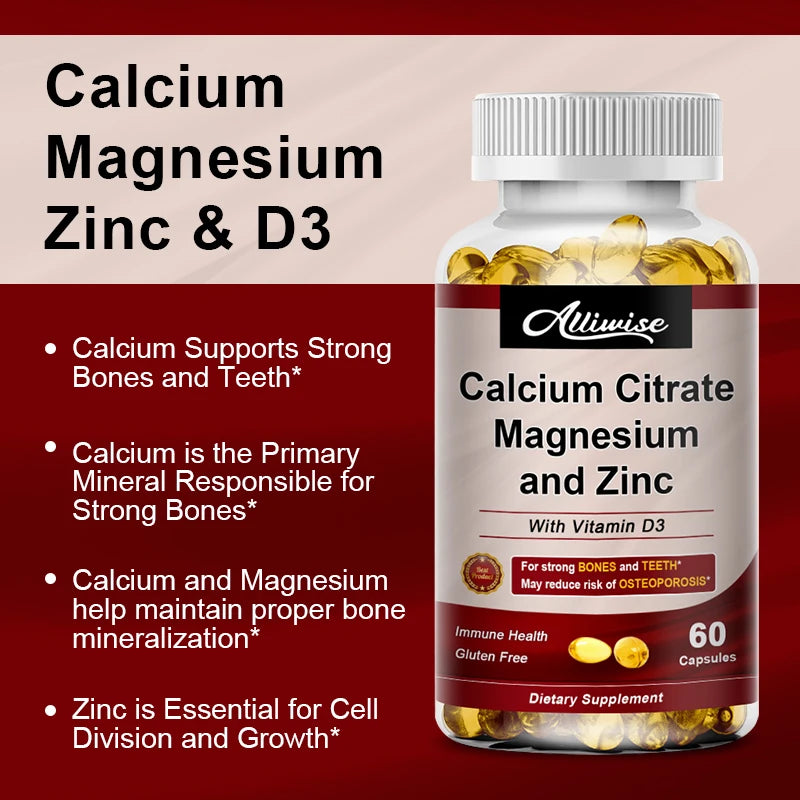 Alliwise Calcium Magnesium Zinc Capsule Vitamin D3 for Strong Bones Teeth Heart Nerve Increase Immune System Function Supplement