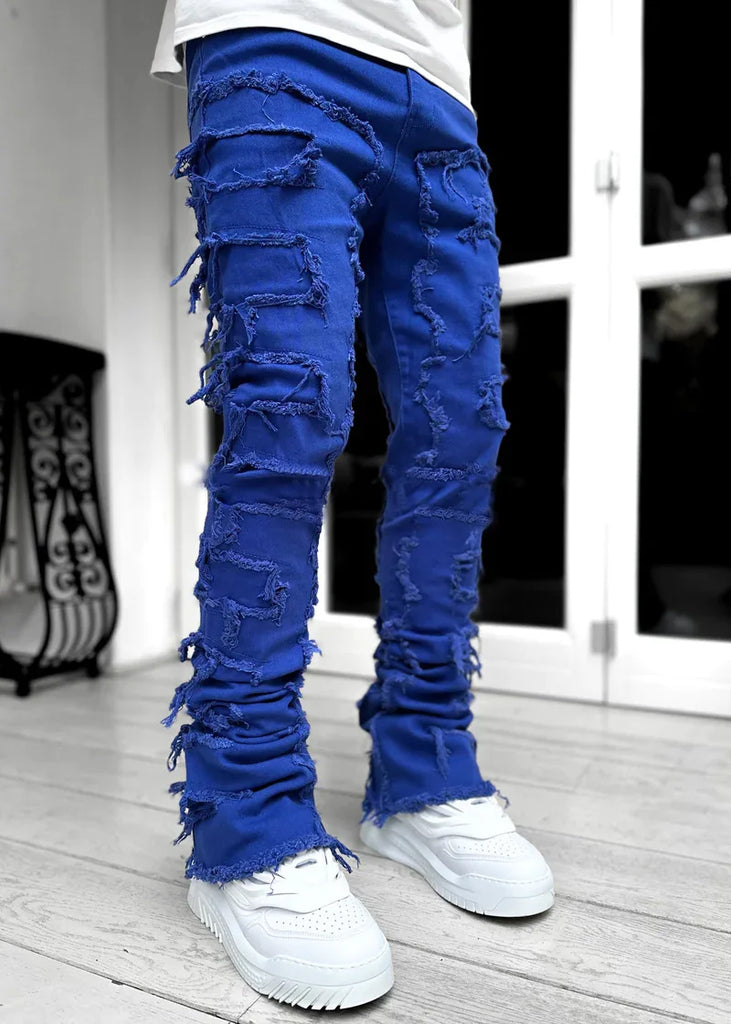 Men's Regular Fit Stacked Jeans Ripped Slim Fit Patch Distressed Destroyed Straight Denim Pants Hip Hop Streetwear Trouser Cloth