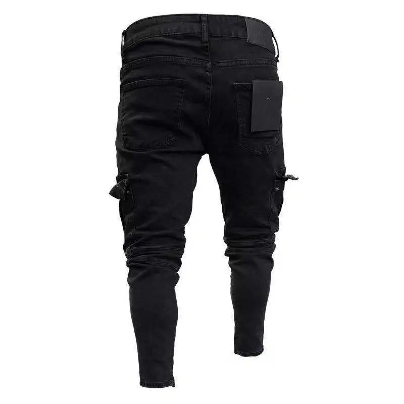 Mens Stretch Jeans Black Big Side Pockets Cargo Jeans Fashion Zipper Small Foot Denim Pants Elastic Jogging Trousers Streetwear