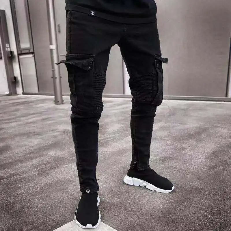 Mens Stretch Jeans Black Big Side Pockets Cargo Jeans Fashion Zipper Small Foot Denim Pants Elastic Jogging Trousers Streetwear