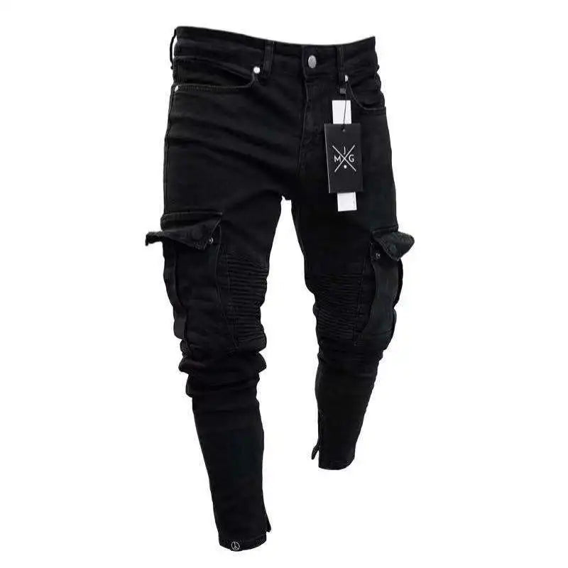 Mens Stretch Jeans Black Big Side Pockets Cargo Jeans Fashion Zipper Small Foot Denim Pants Elastic Jogging Trousers Streetwear