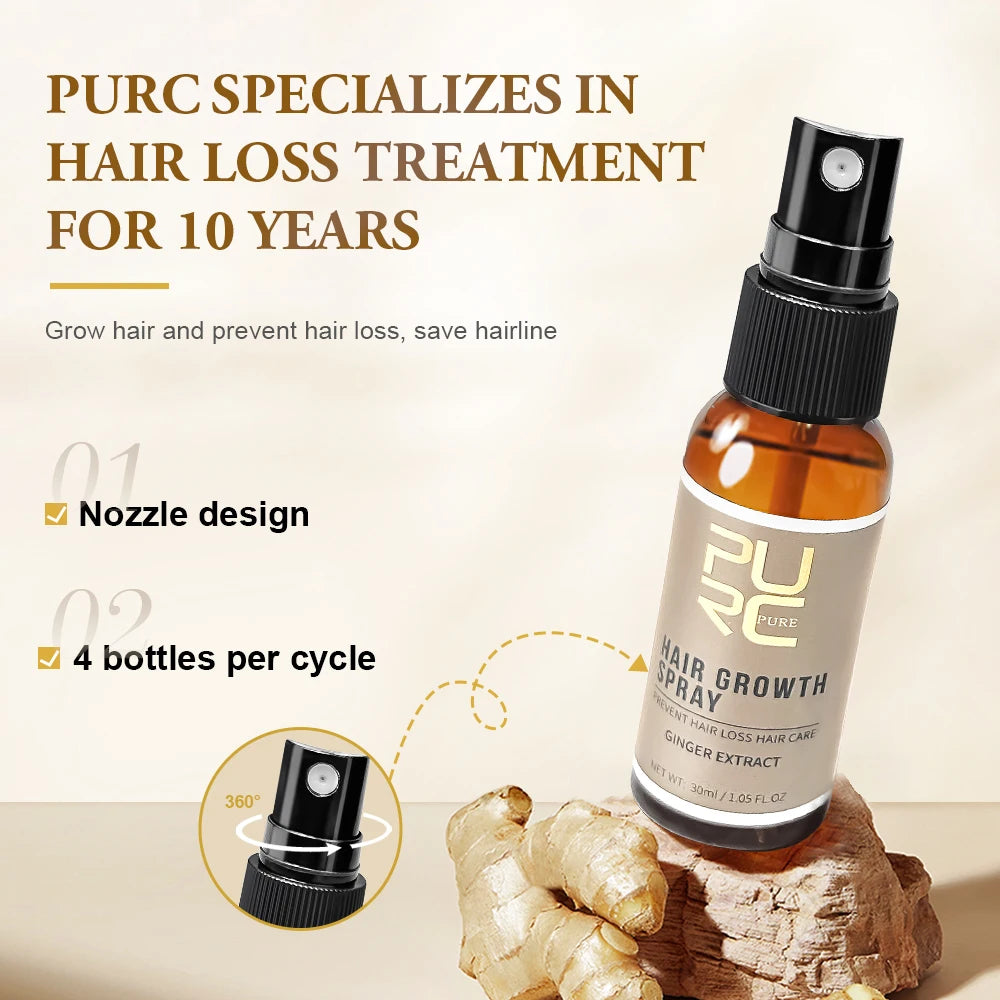 PURC Ginger Hair Growth Products Fast Growing Spray Hair Loss Treatment Oil Beauty Health Hair Care for Men Women 30ml