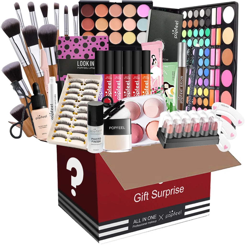 Makeup Box Set Cosmetic Gift Box Eyeshadow Eyeliner Eyebrow Pen Lipstick Lip Gloss Primer Foundation Loose Powder Brushes Puff