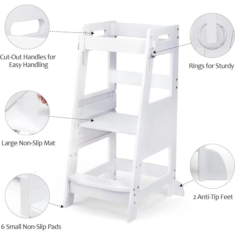 Bamboo Toddler Kitchen Step Stool White Helper Standing Tower Height Adjustable with Anti-Slip Protection for Kids Kitche