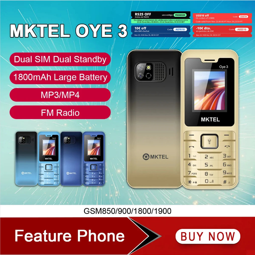 MKTEL OYE 3 Feature Phone 1.77inch Display 1800mAh Dual SIM Dual Standby MP3 MP4 FM Radio with Strong Torch Senior Phone