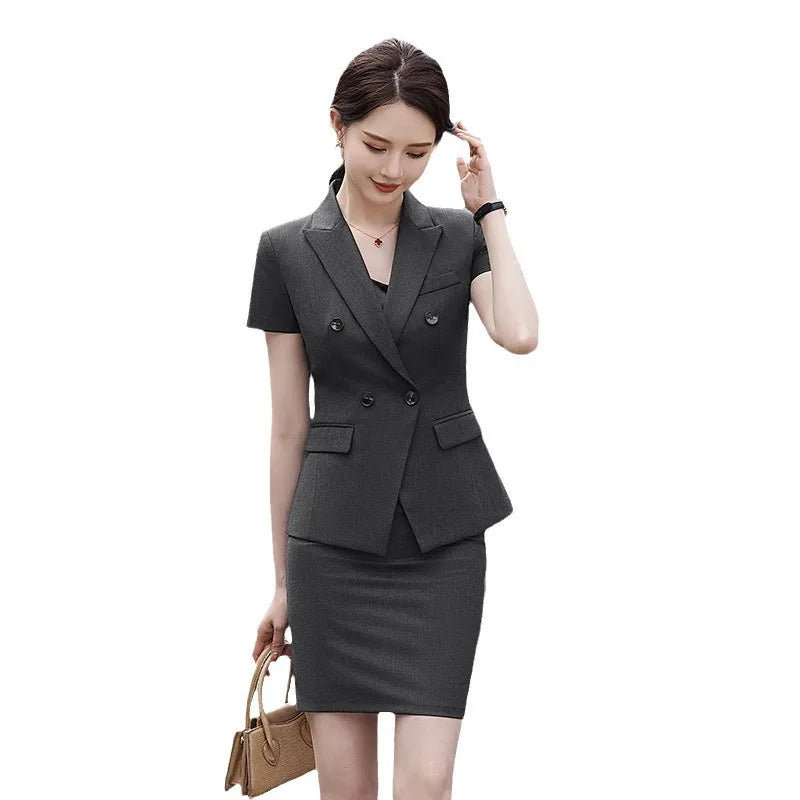 Women's Formal Short Sleeve Blazer and Skirts Sets, Business Outfit for Office Ladies, Elegant Workwear, Gray Black Blue, Summer