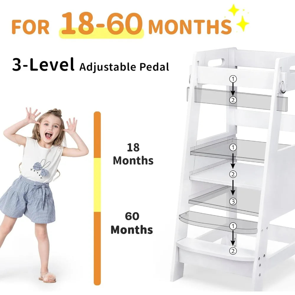 Bamboo Toddler Kitchen Step Stool White Helper Standing Tower Height Adjustable with Anti-Slip Protection for Kids Kitche