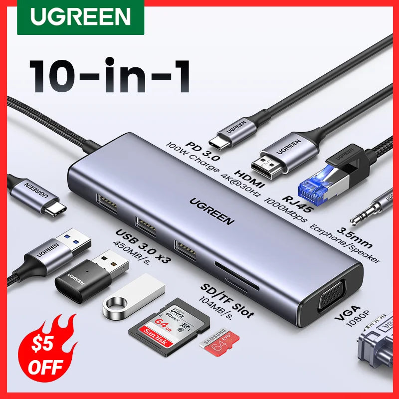 UGREEN 10-in-1 USB C HUB 4K Type C to HDMI RJ45 Ethernet PD100W SD&TF for MacBook iPad Huawei Sumsang PC Tablet Phone USB3.0 HUB