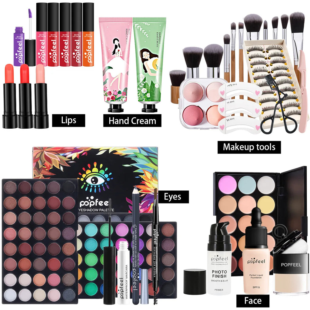 Makeup Box Set Cosmetic Gift Box Eyeshadow Eyeliner Eyebrow Pen Lipstick Lip Gloss Primer Foundation Loose Powder Brushes Puff