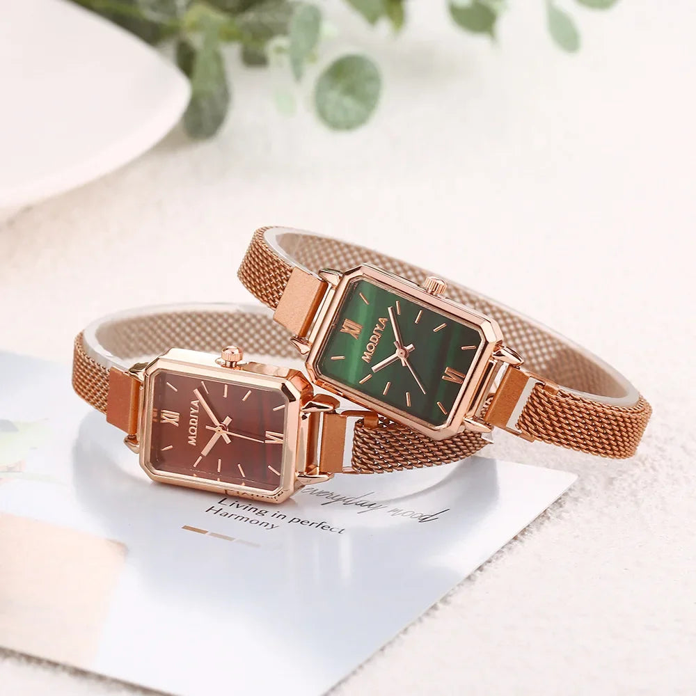 Women Watches Fashion Square Ladies Quartz Watch Magnetic Strap Green Dial Simple Rose Gold Mesh Luxury Women Watches