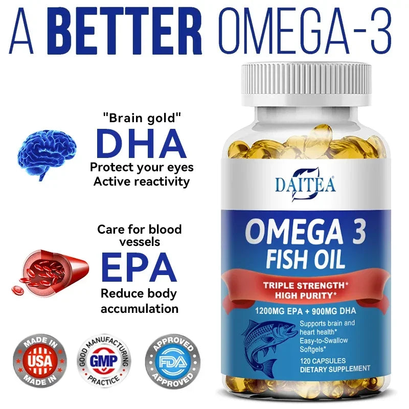 Daitea Omega 3 Fish Oil Capsules - for Nervous System, Skin and Hair Health, Antioxidants - Easy To Swallow