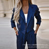 Women Tracksuit Two Pieces Set Long Sleeve Turn Down Collar Cardigan Wide Leg Pants Loose Fit Pockets Striped Office Lady