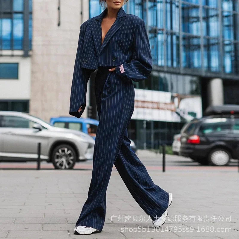 Women Tracksuit Two Pieces Set Long Sleeve Turn Down Collar Cardigan Wide Leg Pants Loose Fit Pockets Striped Office Lady