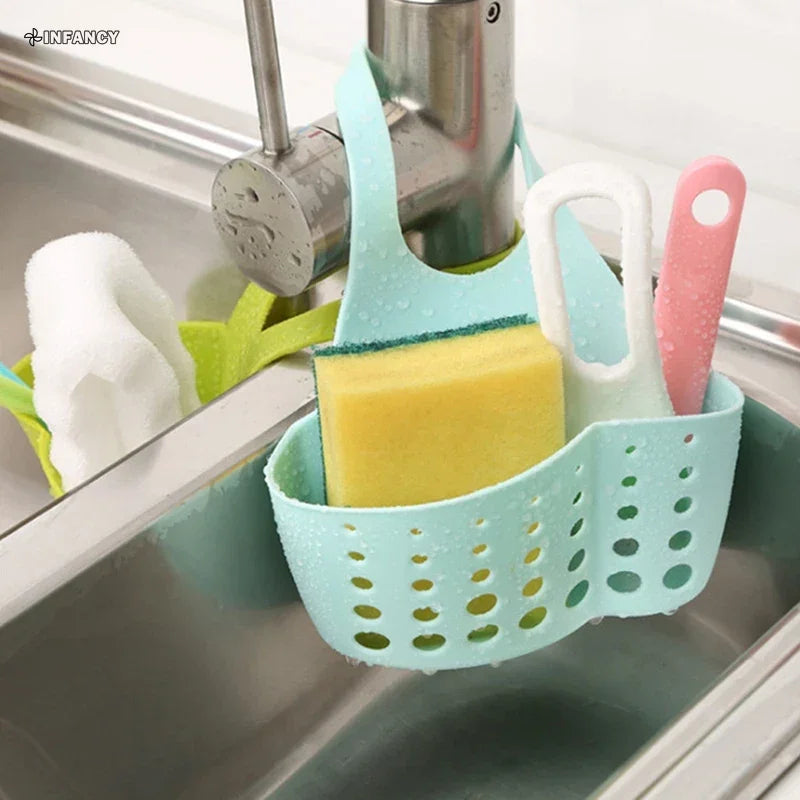 Kitchen Sink Drain Basket Faucet Hanging Bag Soap Sponge Holder Adjustable Silicone Drain Basket Kitchen Storage Accessories