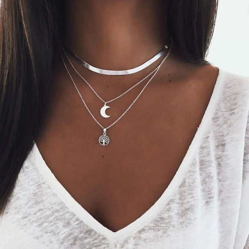 Popular 925 Sterling Silver Triple Layer Necklace Moon Pendant Choker Party Birthday Gift Women's Fashion Jewelry Free Shipping