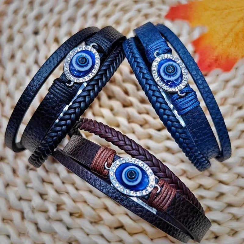 Punk Multi Layer Leather Braclet Men'S TüRkiye Eye Pendant Beads Bracelet Gothic Jewelry Wrap Wristband