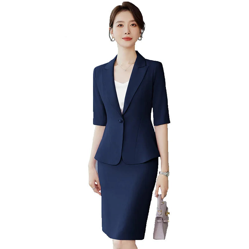 Half Sleeve Formal Women Business Work Wear Suits with Skirt and Tops Spring Summer OL Styles Professional Office Career Sets