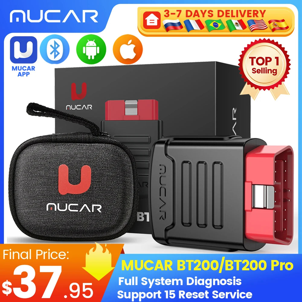 MUCAR BT200/BT200 Pro OBD2 Bluetooth Diagnostic Tool Full System Diagnose Oil SAS 15 Reset OBD 2 Scanner for All Car Code Reader