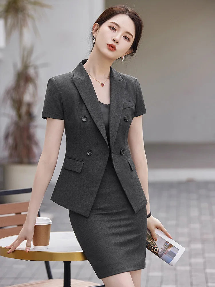 Women's Formal Short Sleeve Blazer and Skirts Sets, Business Outfit for Office Ladies, Elegant Workwear, Gray Black Blue, Summer