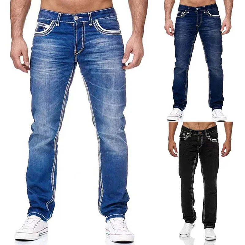 Men Jeans Solid Pockets Stretch Denim Straight Pants Spring Summer Business Casual Trousers Daily Streetwear Men's Clothing