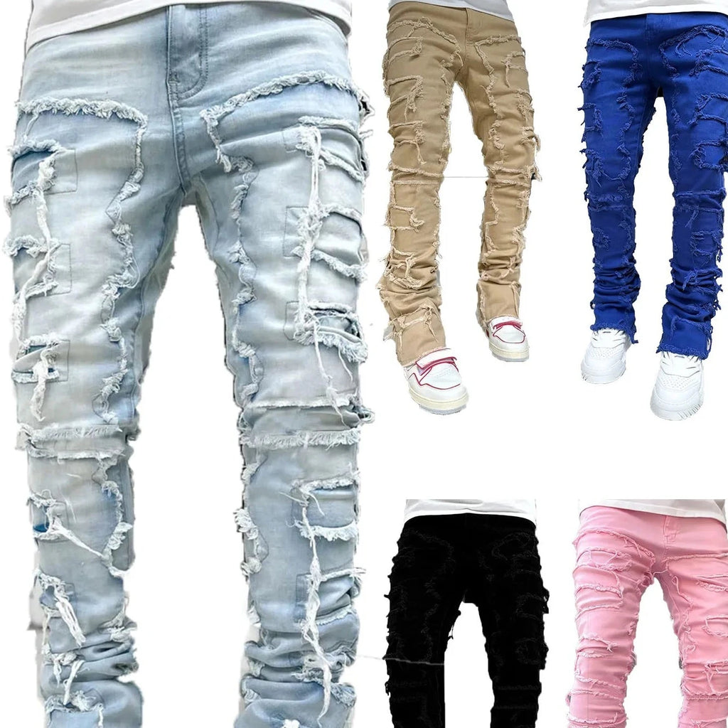 Men's Regular Fit Stacked Jeans Ripped Slim Fit Patch Distressed Destroyed Straight Denim Pants Hip Hop Streetwear Trouser Cloth