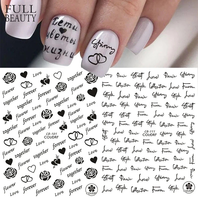 3D Letter Words Nail Stickers Decals with Inscriptions Rose Flower Black Gold Fonts Lettering Sliders Valentine Manicure CHCB101