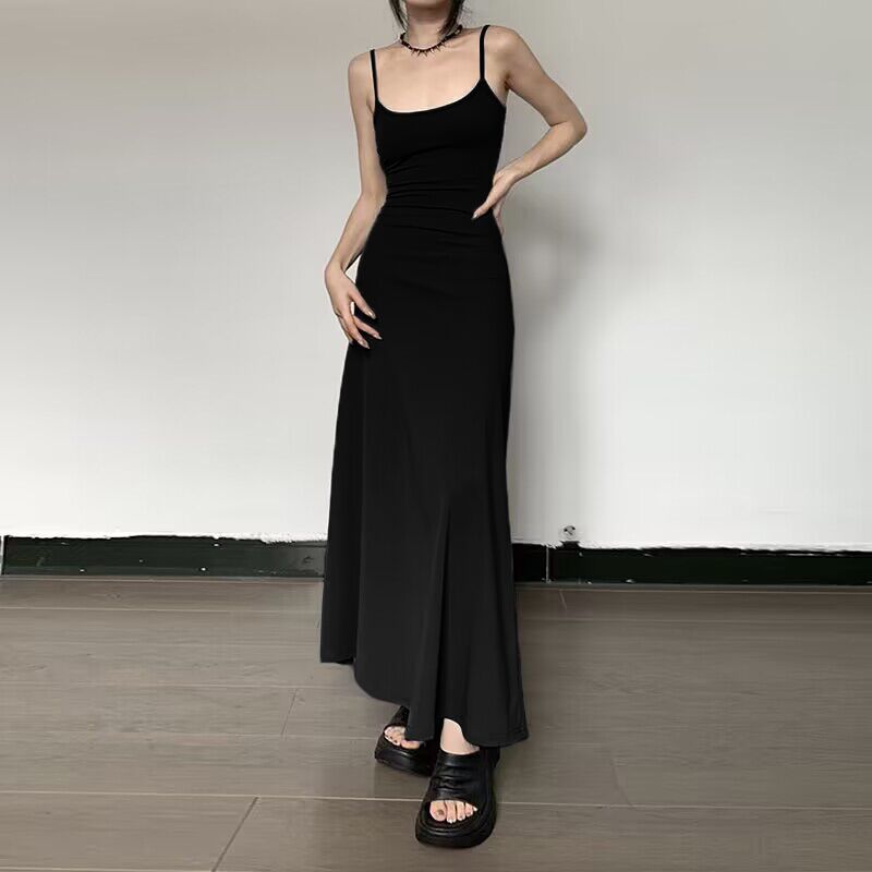 High-Waist Slimming Strap Dress, Solid Color Casual A-Line Knee-Length For Women