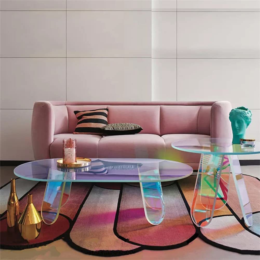 Acrylic Rainbow Color Coffee Table, Iridescent Glass End Table Round Side Table Modern Accent TV Table For Living Bed Room Decoration