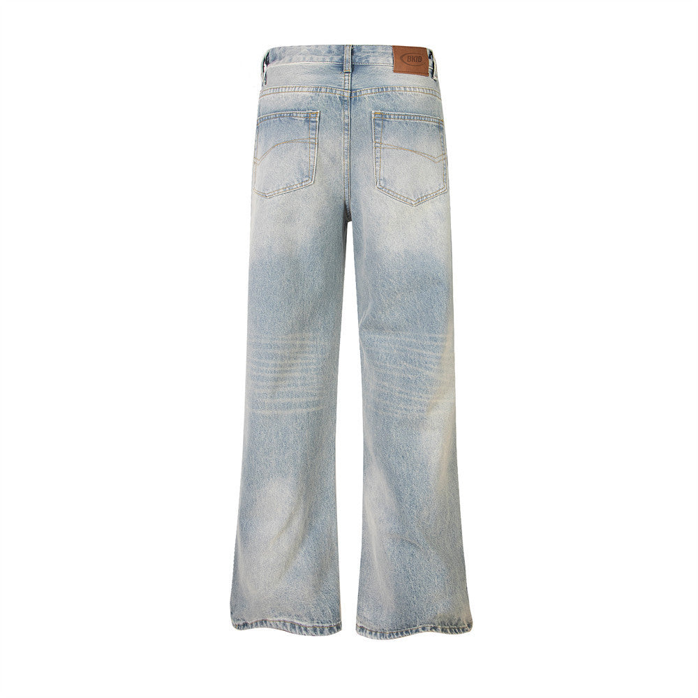 Punk Wash Denim Distressed Straight-leg Trousers Street Fashion Retro