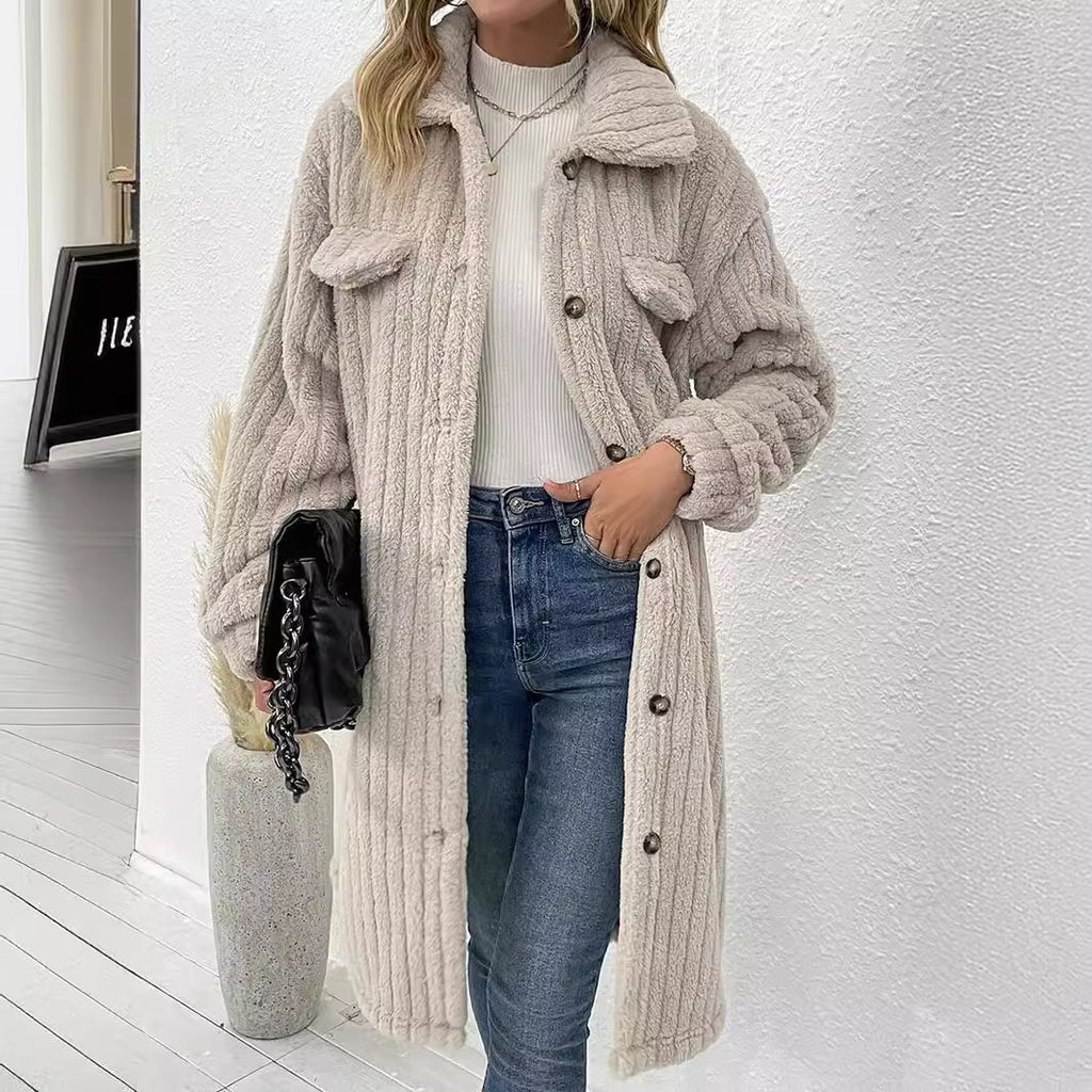 Women's Plush Lapel Long-sleeved Woolen Coat Top